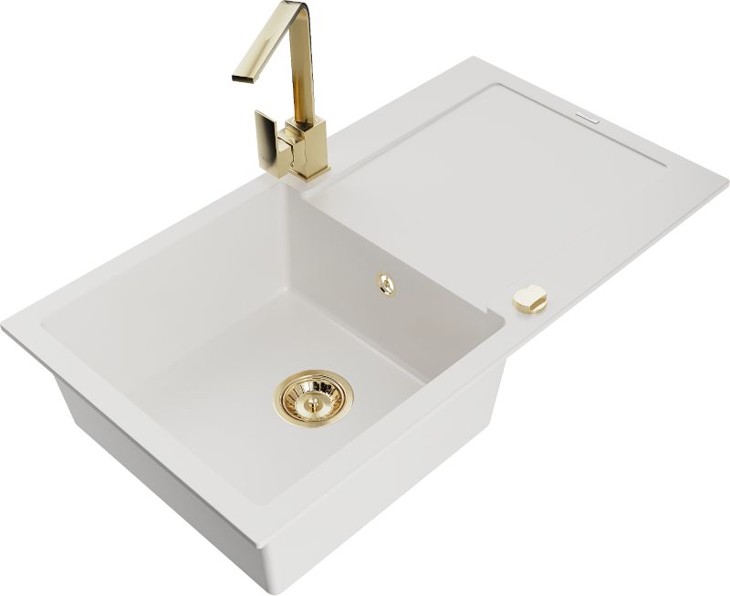 Zlewozmywak granitowy Mexen Leo 1-komorowy z ociekaczem i baterią kuchenną Rita czarny/złoty - 6501-75-670300-70-B 1 szt.