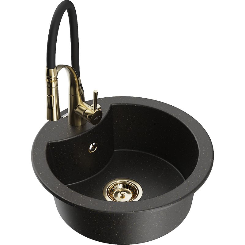 Zlewozmywak granitowy 1-komorowy Mexen Diego z baterią kuchenną Aster czarny/złoty metalik 6512-75-73450-57-G