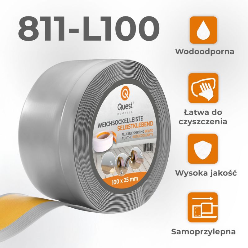 Listwa przypodłogowa PCV 100x25mm, QUEST, samoprzylepna elastyczna, miękka listwa podłogowa, cokołowa, szary, 10m