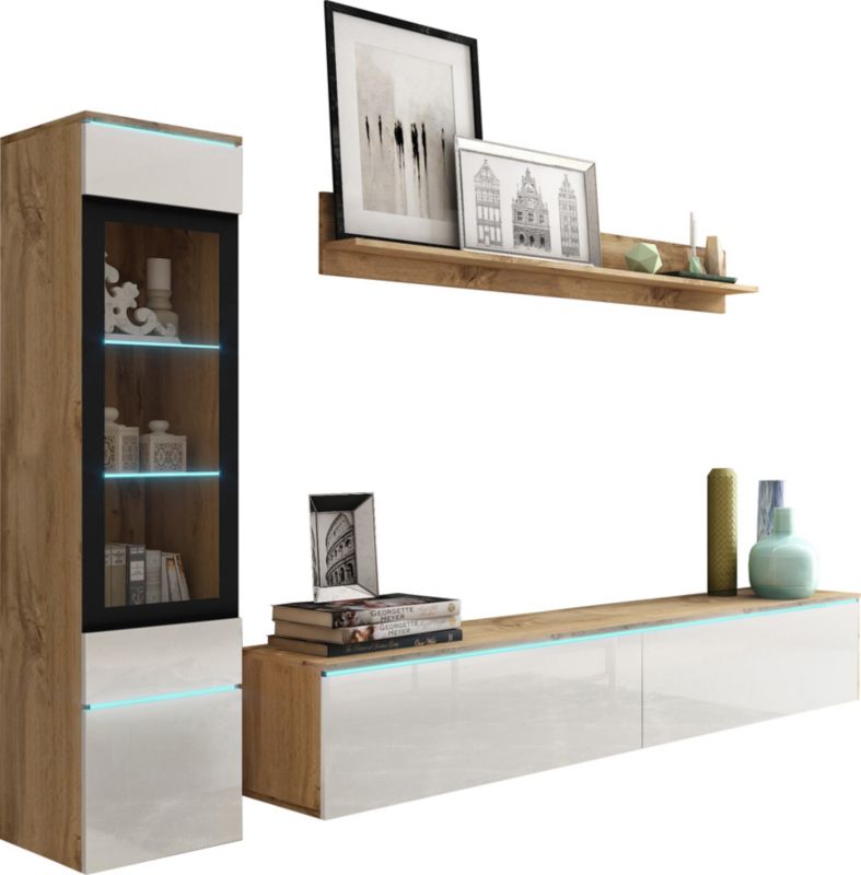 Meblościanka MINIO go for it VEVE 1 dąb wotan/biały połysk z LED, 1 szt.