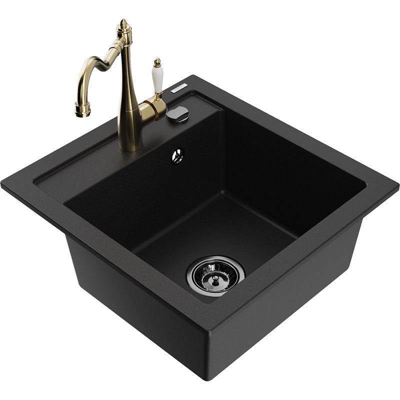 Zlewozmywak granitowy 1-komorowy Mexen Vito z baterią kuchenną Carla czarny 6503-77-670700-50-B