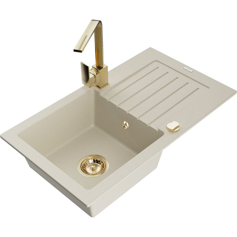 Zlewozmywak granitowy 1-komorowy Mexen Pablo z ociekaczem i baterią kuchenną Rita biały - 6510-20-670300-70 1 szt.