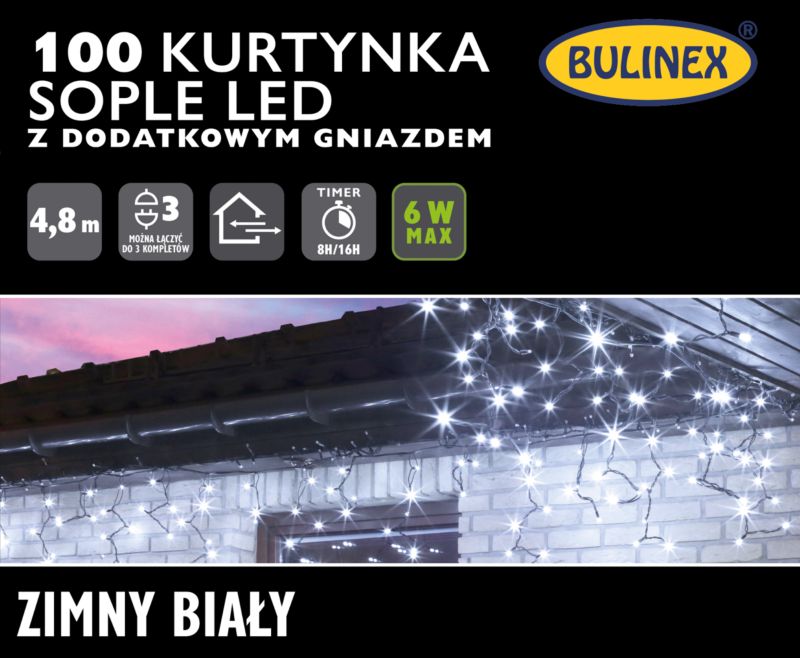 Kurtyna zewnętrzna Bulinex sople 100 LED 4,8 m biała