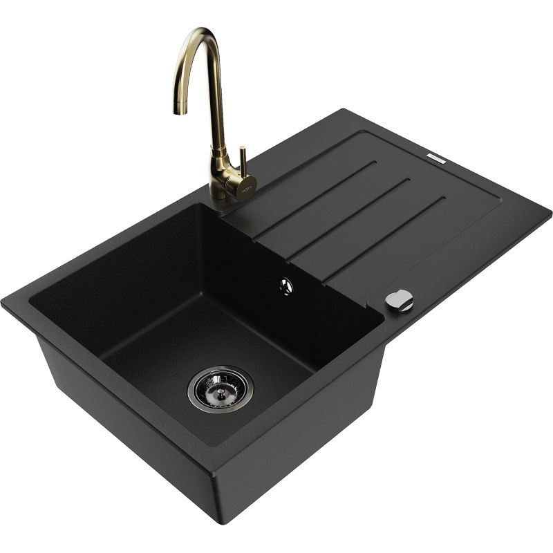 Zlewozmywak granitowy 1-komorowy Mexen Bruno z ociekaczem i baterią kuchenną Telma czarny 6513-77-670200-50-B