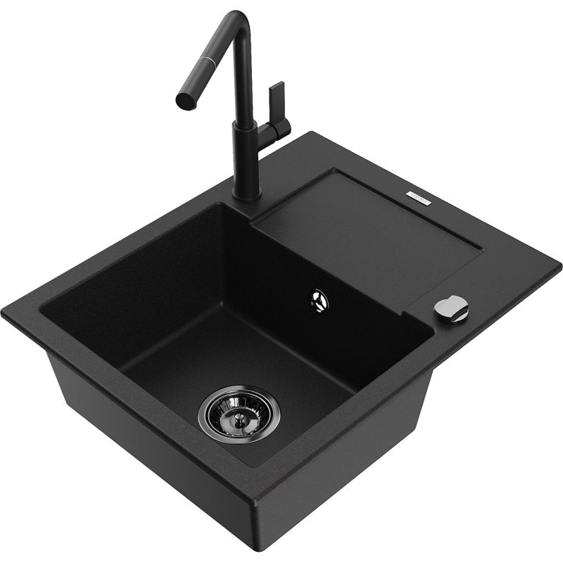 Zlewozmywak granitowy 1-komorowy Mexen Enzo z ociekaczem i baterią kuchenną Flora czarny - 6506-77-670401-07 1 szt.
