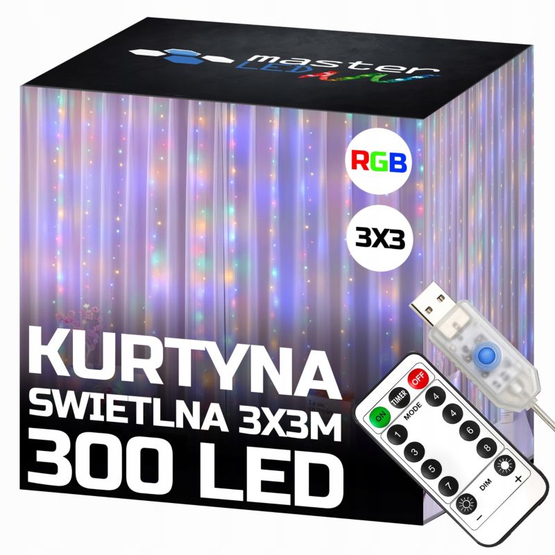 Kurtyna świetlna LED RGB MasterLED 300 diod 3x3m USB 5V z pilotem 8 trybów girlanda lampki choinkowe 1 szt.
