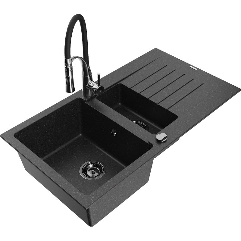 Zlewozmywak granitowy 1.5-komorowy Mexen Matias z ociekaczem i baterią kuchenną Aster czarny/srebrny 6502-73-73450-07-B