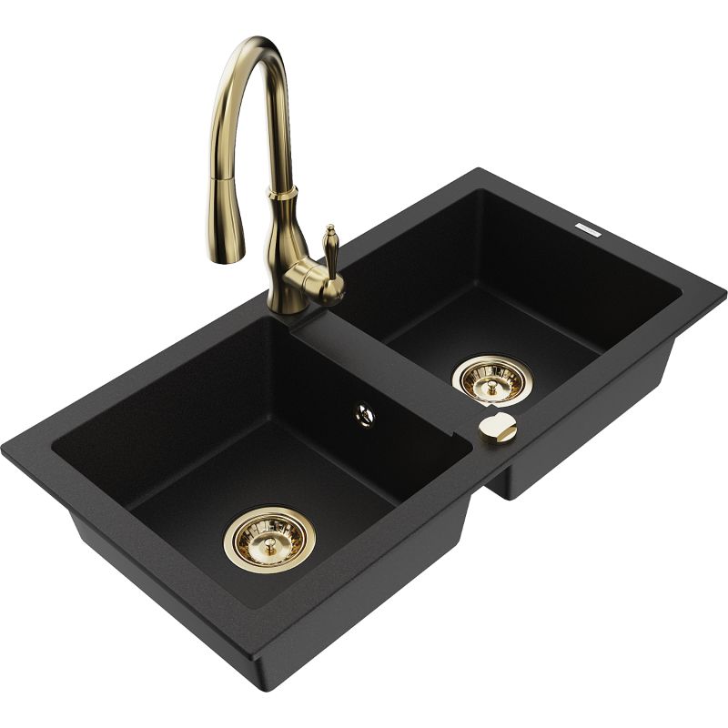 Zlewozmywak granitowy 2-komorowy Mexen Mario z baterią kuchenną Savita czarny nakrapiany - 6504-76-672601-00 1 szt.