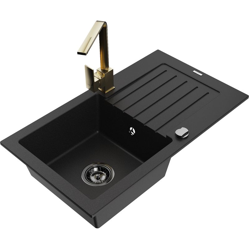 Zlewozmywak granitowy 1-komorowy Mexen Pablo z ociekaczem i baterią kuchenną Rita czarny nakrapiany - 6510-76-670300-70-B 1 szt.