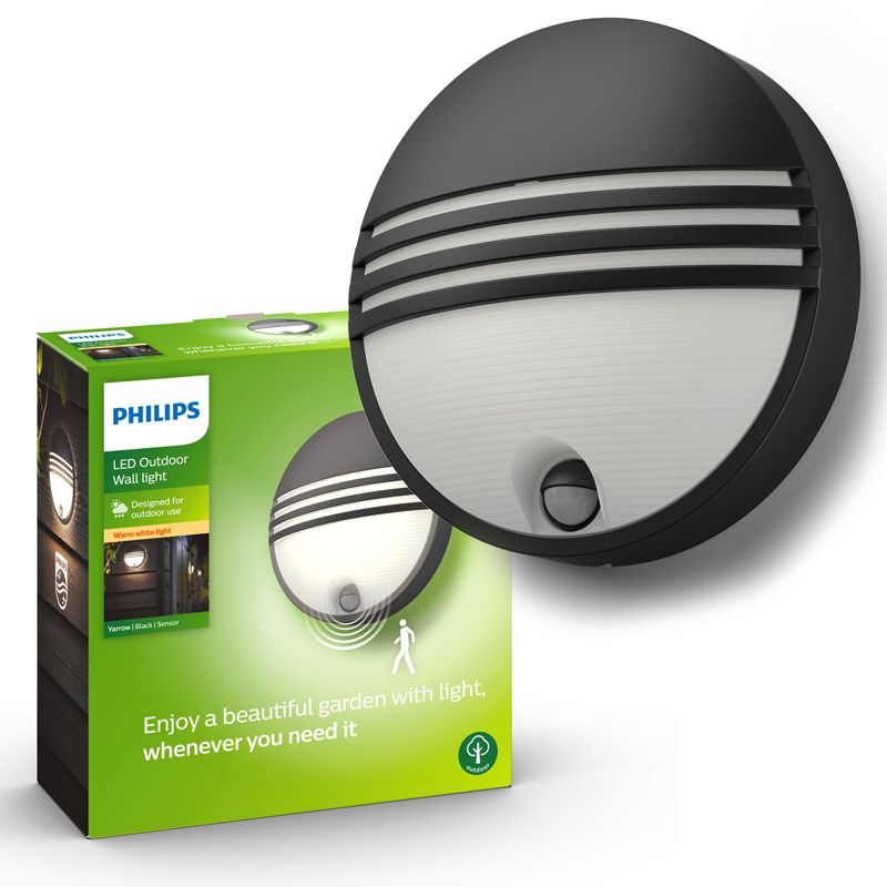 Kinkiet Ogrodowy Philips Lampa Elewacyjna Zewnętrzna LED 6W 600lm 2700K IP44 z Czujnikiem Ruchu i Zmierzchu Czarna 1 szt.