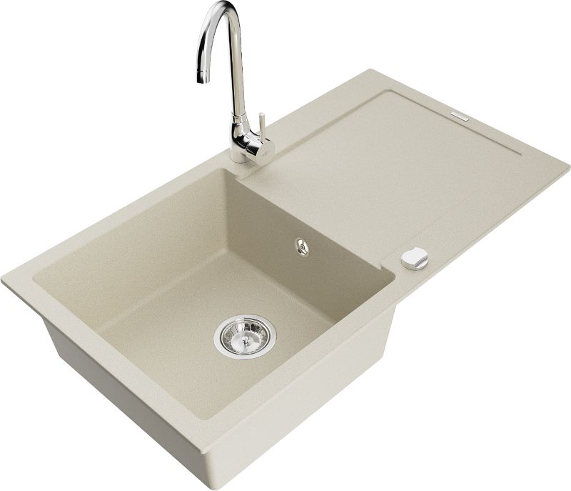 Zlewozmywak granitowy Mexen Leo 1-komorowy z ociekaczem i baterią kuchenną Telma biały - 6501-20-670200-00 1 szt.