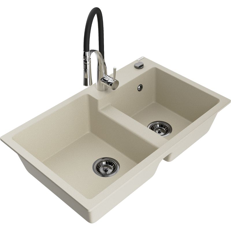 Zlewozmywak granitowy 2-komorowy Mexen Tomas z baterią kuchenną Aster beżowy 6516-69-73450-07-B