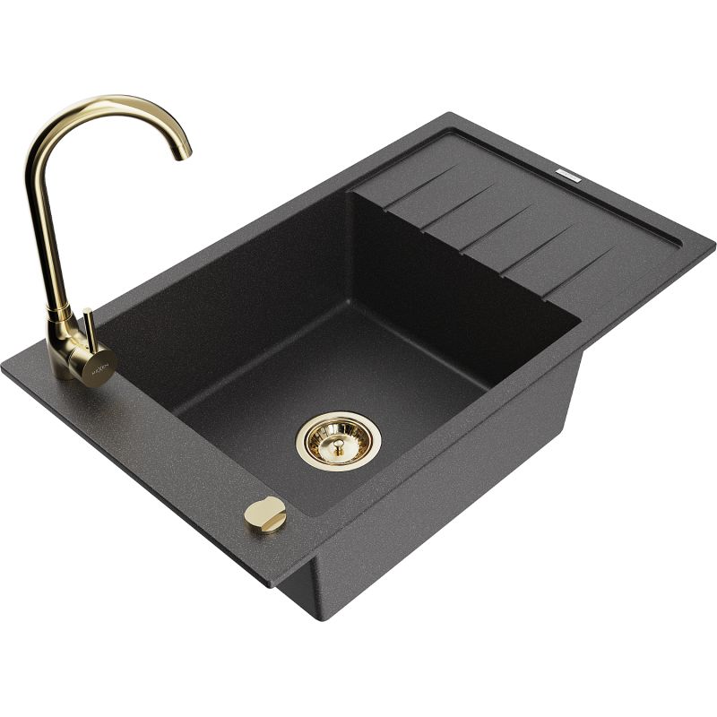 Zlewozmywak granitowy 1-komorowy Mexen Elias z ociekaczem i baterią kuchenną Telma czarny nakrapiany - 6511-76-670200-70 1 szt.
