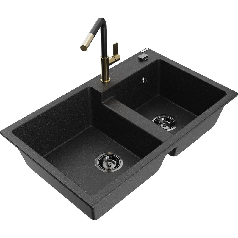 Zlewozmywak granitowy 2-komorowy Mexen Tomas z baterią kuchenną Flora czarny/srebrny metalik 6516-73-670401-57-B