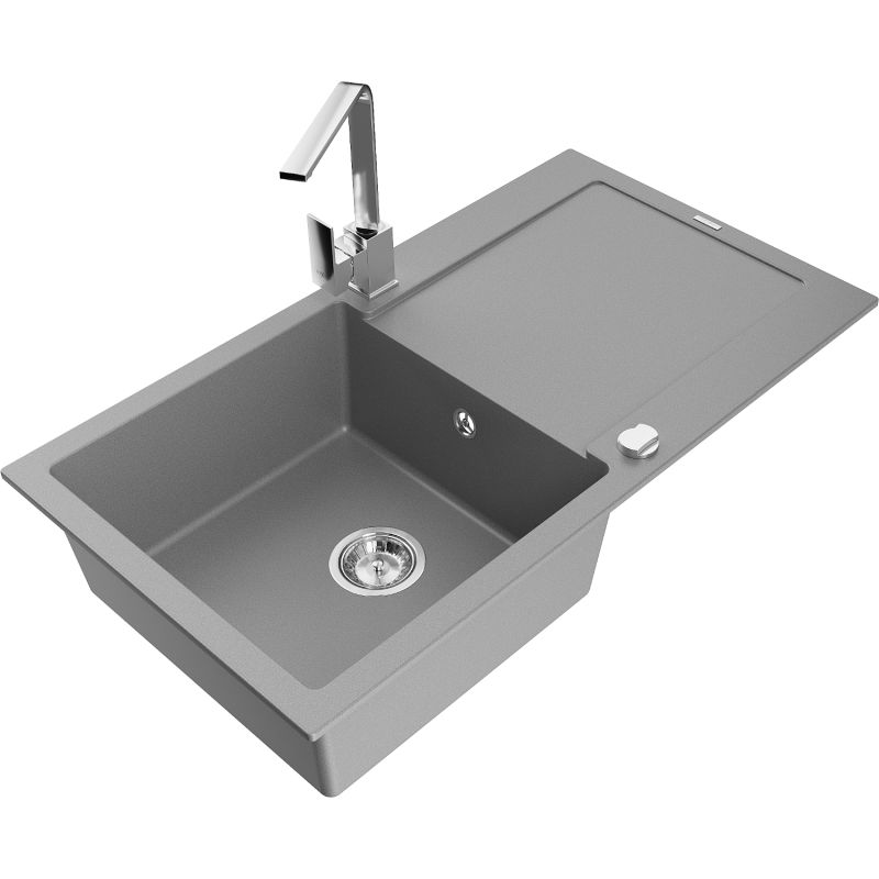 Zlewozmywak granitowy 1-komorowy Mexen Leo z ociekaczem i baterią kuchenną Rita szary 6501-71-670300-00