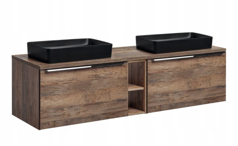 Szafka łazienkowa Furnidea 180 cm z blatem dąb i dwiema umywalkami czarnymi Santa Fe Oak 1 szt.