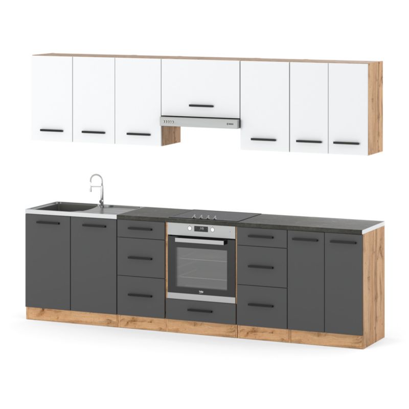 Zestaw Kuchenny Hurtownia-Mebli Z Blatem Kuchnia Roma 280cm Dąb Wotan Biały Mat/Szary Mat 280x47x145 cm 1szt.