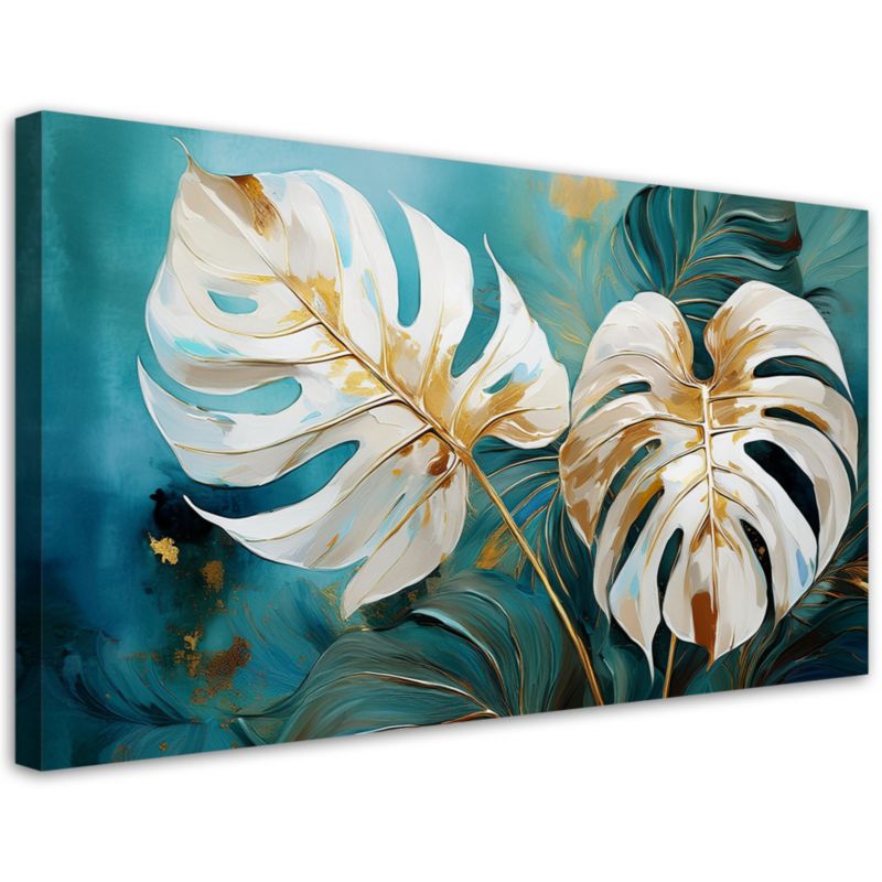 Obraz na płótnie Feeby Białe Liście Monstery Turkusowy 80x40cm 1szt