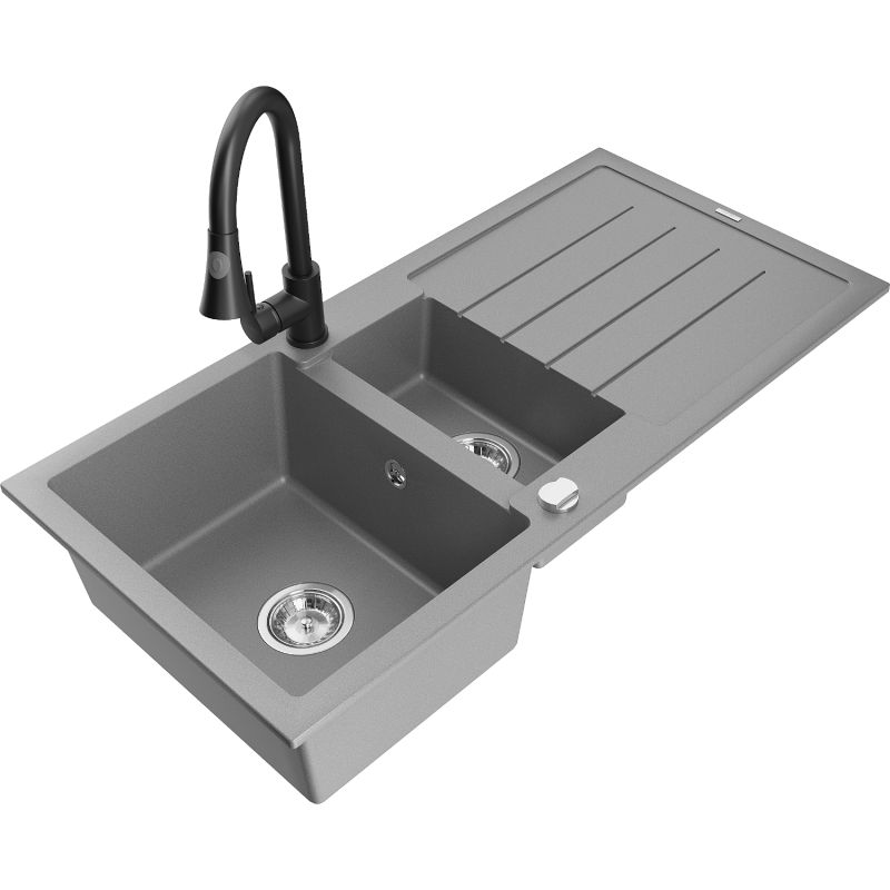 Zlewozmywak granitowy 1.5-komorowy Mexen Andres z ociekaczem i baterią kuchenną Elia szary 6515-71-670101-70