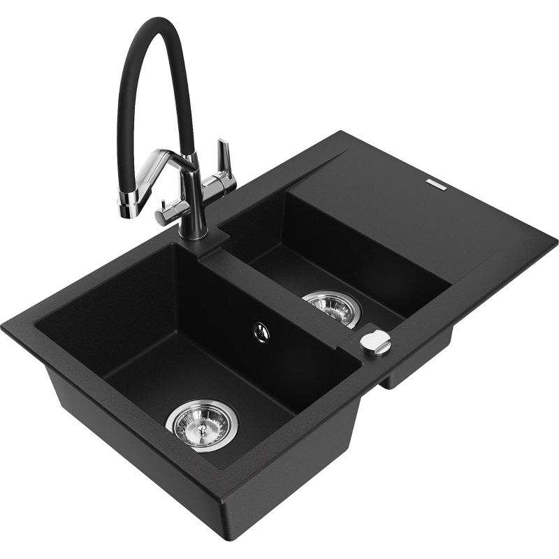 Zlewozmywak granitowy 1.5-komorowy Mexen Gaspar z ociekaczem i baterią kuchenną Duo czarny 6507-77-671701-07