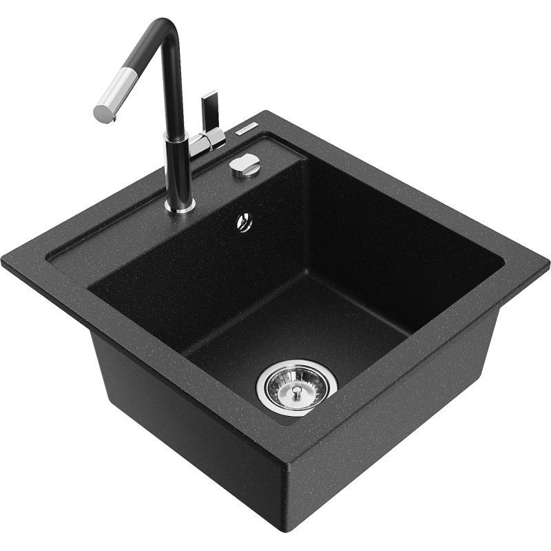 Zlewozmywak granitowy 1-komorowy Mexen Vito z baterią kuchenną Flora czarny/srebrny metalik 6503-73-670401-07