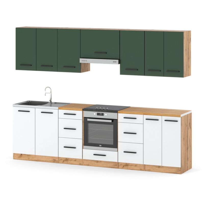 Zestaw Kuchenny Hurtownia-Mebli Z Blatem Kuchnia Roma 280cm Dąb Wotan Butelkowa Zieleń/Biały Mat 280x47x145 cm 1szt.