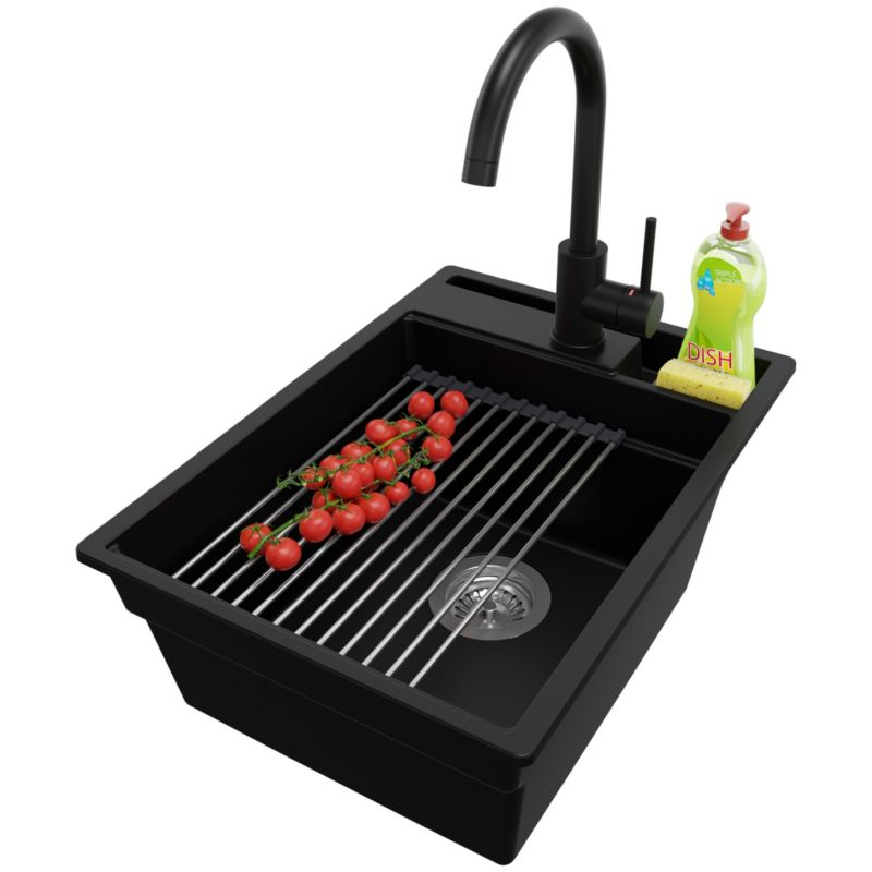 Zlewozmywak Granitowy Oslo Pocket PRIMAGRAN Nablatowy 38x53cm do szafki od 40cm z Syfonem i Baterią i Dodatkiem Czarny 1 szt.