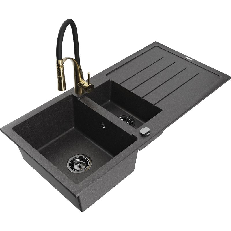 Zlewozmywak granitowy 1.5-komorowy Mexen Andres z ociekaczem i baterią kuchenną Aster czarny nakrapiany 6515-76-73450-57-B