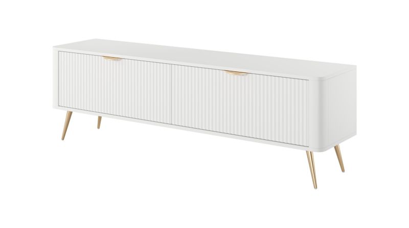 Szafka RTV dwudrzwiowa Bettso Lante 200 cm szeroka z ryflowanymi frontami na złotych nogach biały 1szt.