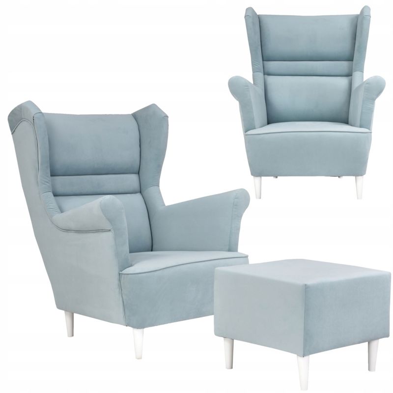 Fotel uszak do salonu z podnóżkiem Family Meble Zoja pastelowy niebieski 1szt