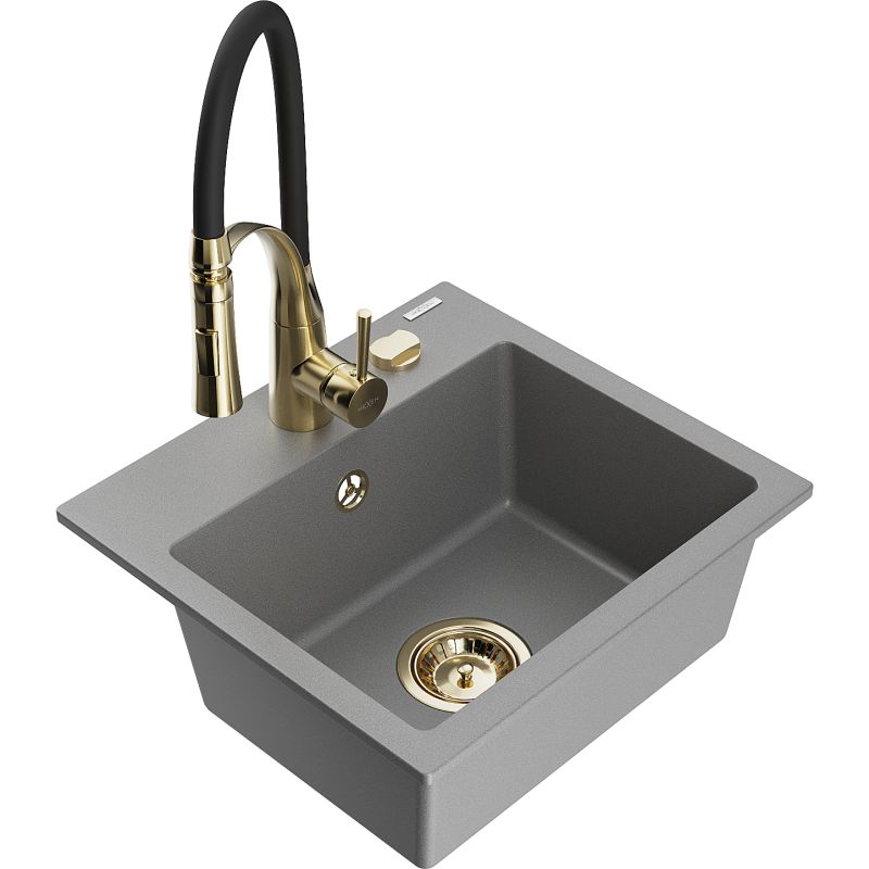 Zlewozmywak granitowy 1-komorowy Mexen Milo z baterią kuchenną Aster szary 6505-71-73450-57-G