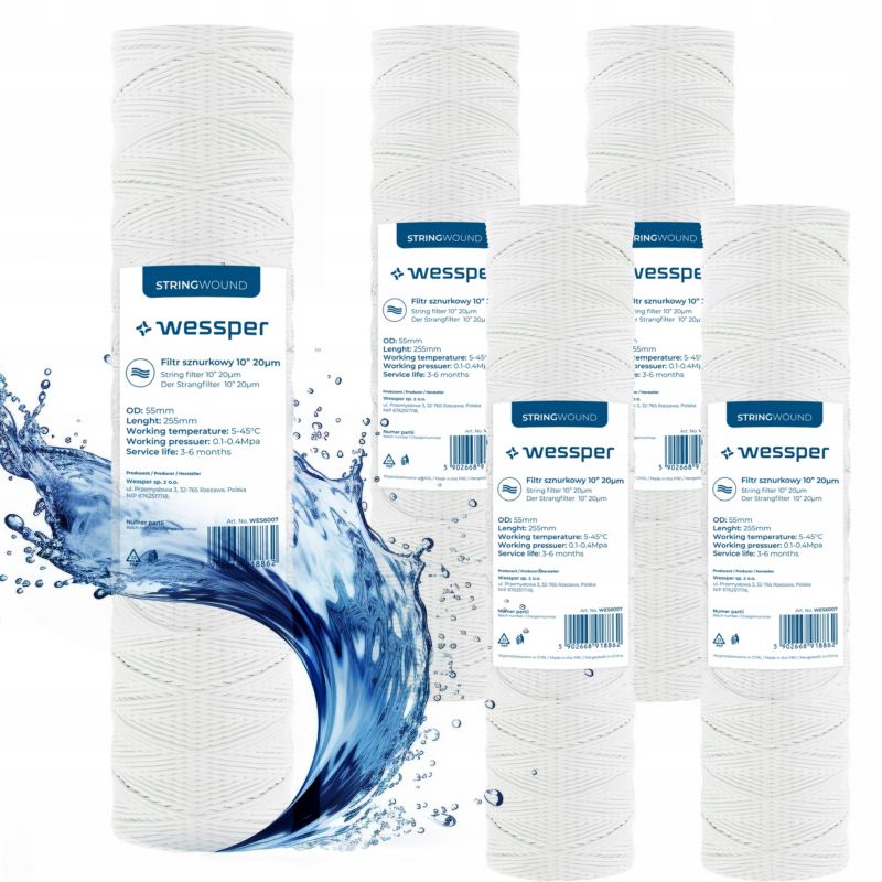 Wkład filtrujący, Wessper, filtr wody, sznurkowy, do filtracji wstępnej, 10", 20 mikron, PP20, 5szt