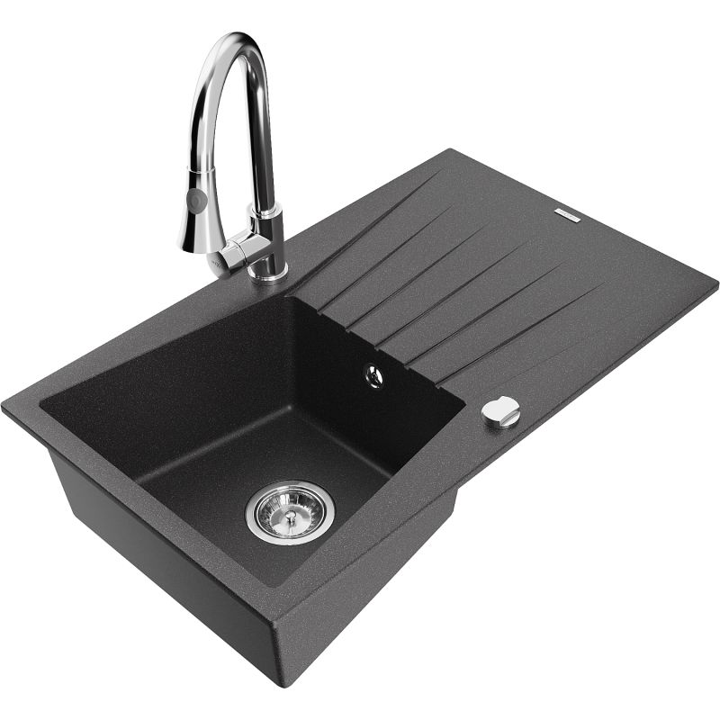 Zlewozmywak granitowy 1-komorowy Mexen Cesar z ociekaczem i baterią kuchenną Elia czarny nakrapiany 6514-76-670101-00