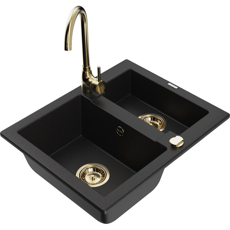 Zlewozmywak granitowy 1.5-komorowy Mexen Carlos z baterią kuchenną Telma czarny 6518-77-670200-50