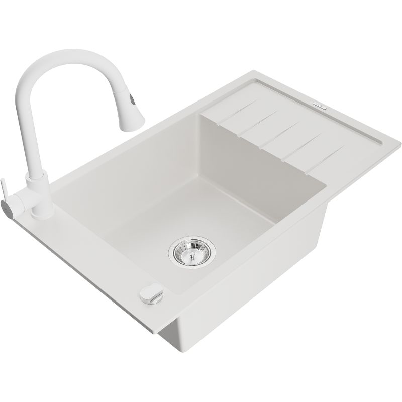 Zlewozmywak granitowy 1-komorowy Mexen Elias z ociekaczem i baterią kuchenną Elia biały 6511-20-670101-20