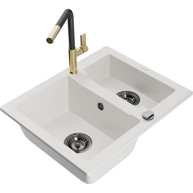 Zlewozmywak granitowy 1.5-komorowy Mexen Carlos z baterią kuchenną Flora biały 6518-20-670401-57-B