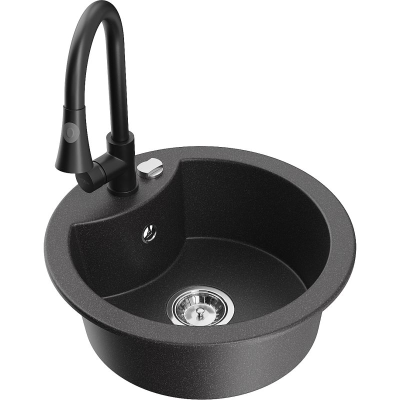 Zlewozmywak granitowy 1-komorowy Mexen Diego z baterią kuchenną Elia czarny nakrapiany - 6512-76-670101-00 1 szt.