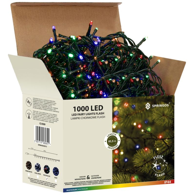 Lampki choinkowe Springos 1000 LED 81,5 m multikolor niebieski flash zewnętrzne i wewnętrzne 1 szt.