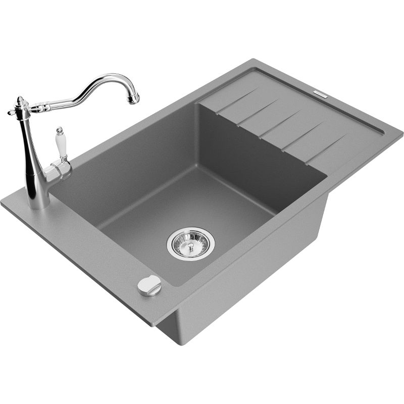 Zlewozmywak granitowy 1-komorowy Mexen Elias z ociekaczem i baterią kuchenną Carla szary 6511-71-670700-00