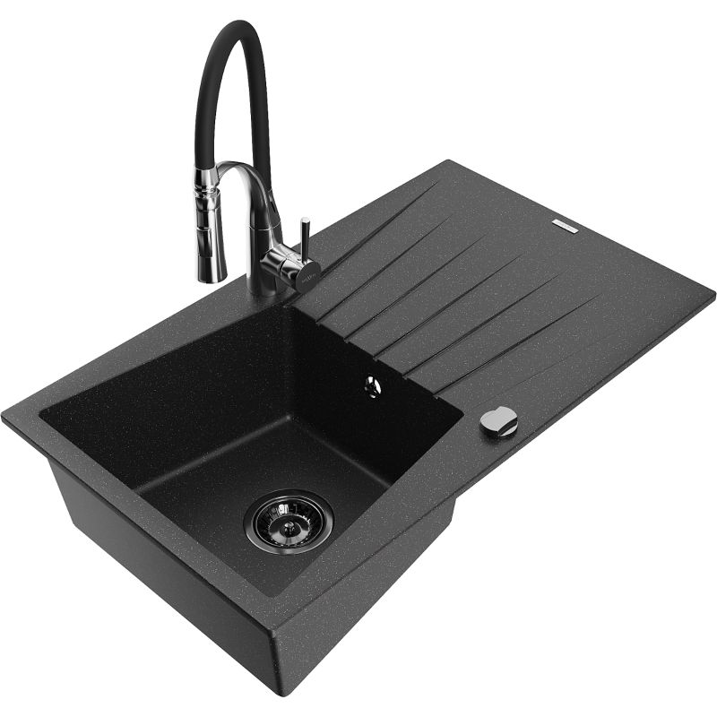 Zlewozmywak granitowy 1-komorowy Mexen Cesar z ociekaczem i baterią kuchenną Aster czarny/srebrny metalik 6514-73-73450-07-B