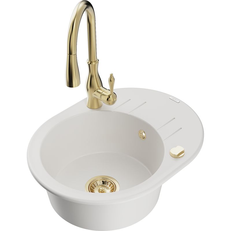 Zlewozmywak granitowy 1-komorowy Mexen Kevin z ociekaczem i baterią kuchenną Savita biały 6517-20-672601-50