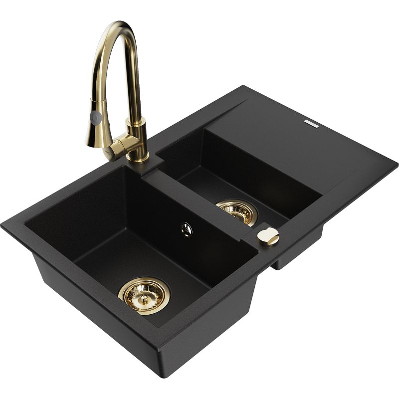 Zlewozmywak granitowy 1.5-komorowy Mexen Gaspar z ociekaczem i baterią kuchenną Elia czarny 6507-77-670101-50