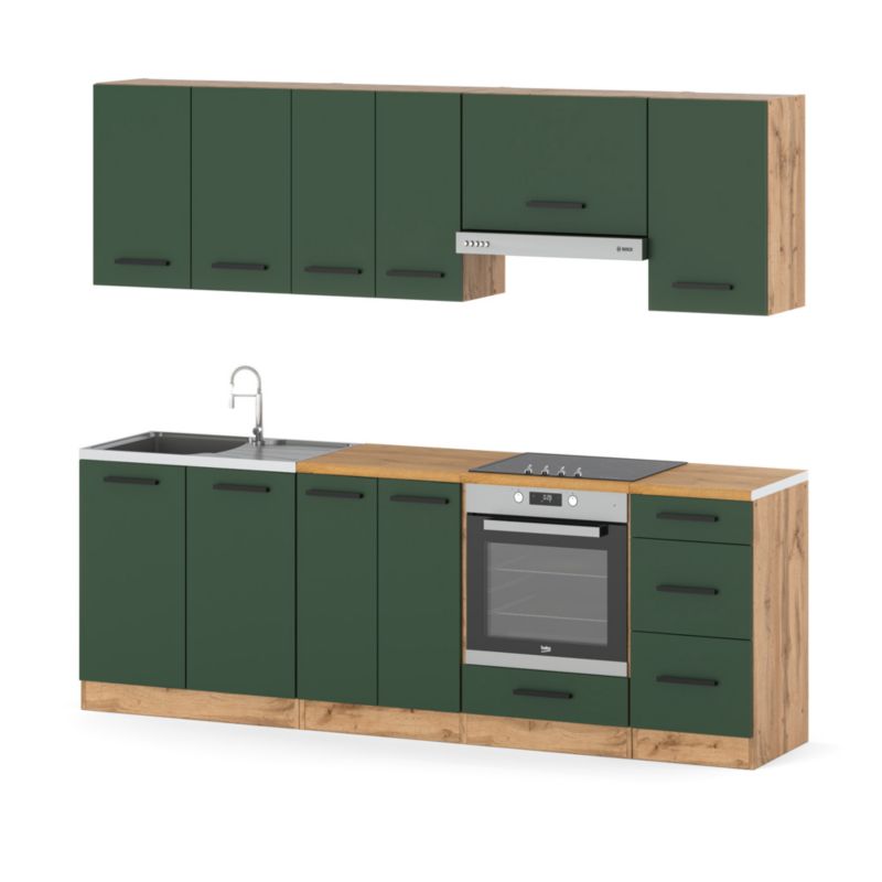Zestaw Kuchenny Hurtownia-Mebli Z Blatem Kuchnia Mokka Plus 240cm Dąb Wotan Butelkowa Zieleń 240x47x145 cm 1szt.