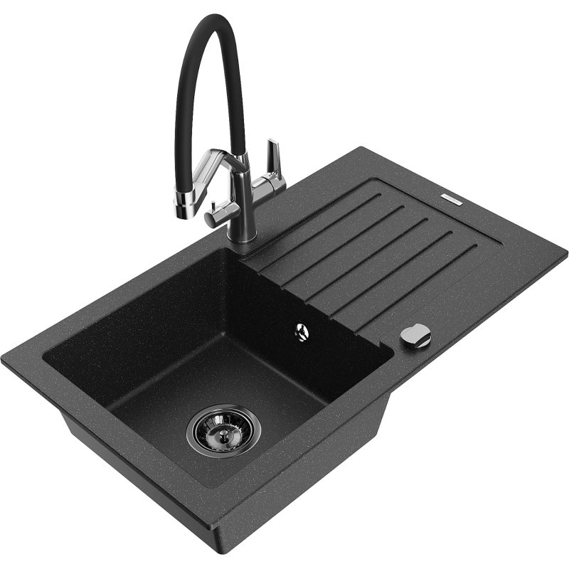 Zlewozmywak granitowy 1-komorowy Mexen Pablo z ociekaczem i baterią kuchenną Duo czarny/srebrny metalik 6510-73-671701-07-B