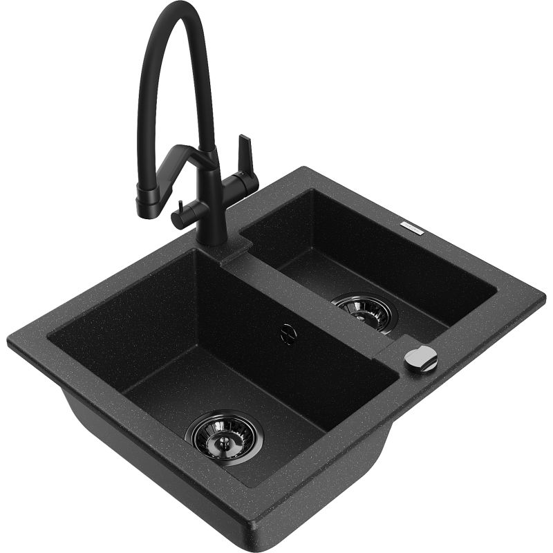 Zlewozmywak granitowy 1.5-komorowy Mexen Carlos z baterią kuchenną Duo czarny/złoty metalik - 6518-75-671701-70-B 1 szt.