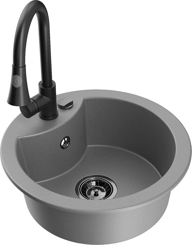 Zlewozmywak granitowy Mexen Diego 1-komorowy z baterią kuchenną Elia szary 6512-71-670101-70-B