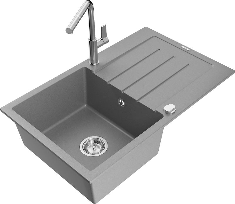 Zlewozmywak granitowy Mexen Bruno 1-komorowy z ociekaczem i baterią kuchenną Flora szary 6513-71-670401-00