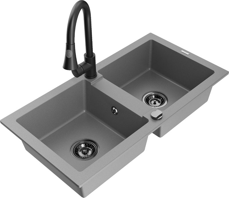 Zlewozmywak granitowy Mexen Mario 2-komorowy z baterią kuchenną Elia szary 6504-71-670101-70-B