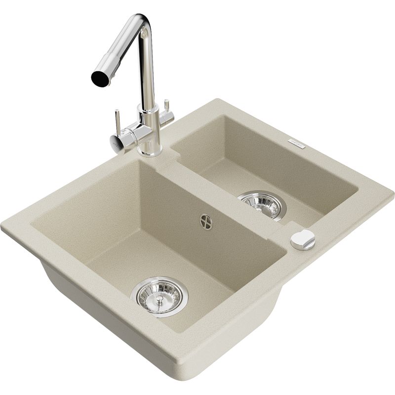 Zlewozmywak granitowy 1.5-komorowy Mexen Carlos z baterią kuchenną Duero beżowy 6518-69-671600-00