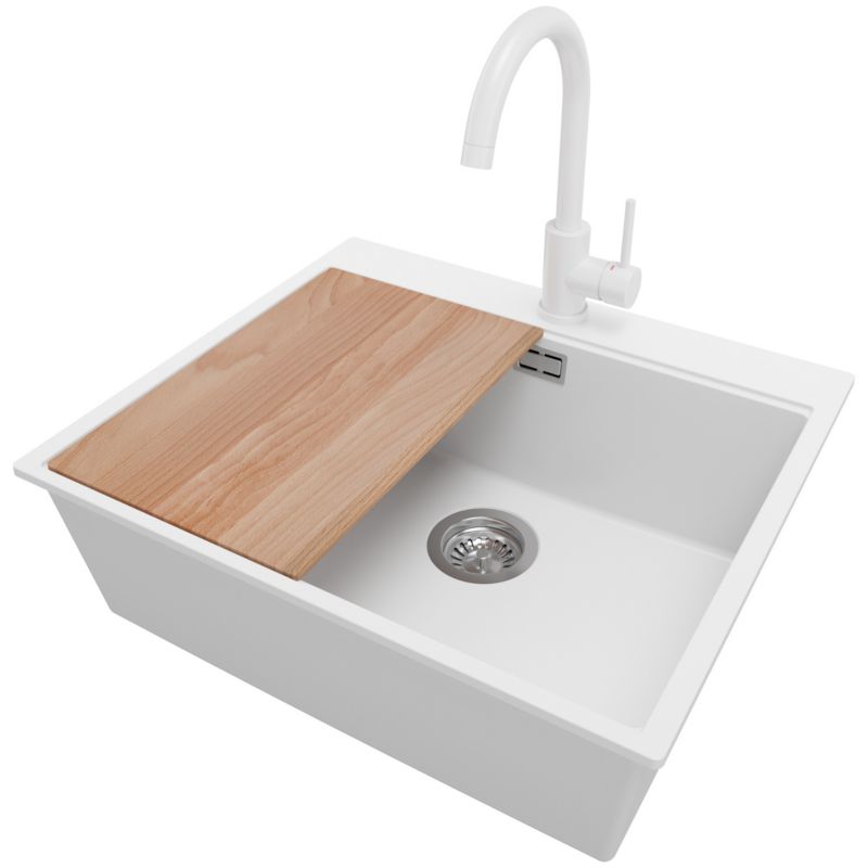 Zlewozmywak Granitowy Oslo PRIMAGRAN Nablatowy 58x50cm do szafki od 60cm, Biały + Bateria 32x20cm + Syfon + Deska, S415, 1 szt.